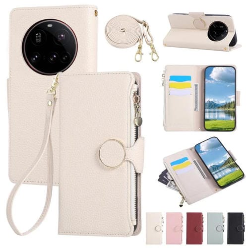 Funda de cuero con hebilla redonda y cremallera para Xiaomi 15 Ultra, con correa cruzada (blanca)