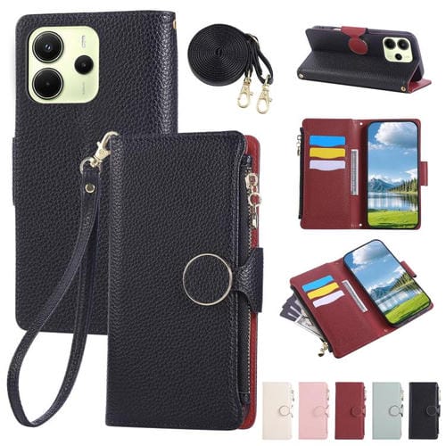 Funda de cuero tipo billetera con hebilla redonda y cremallera de 163,3 mm para Redmi Note 14 4G con correa cruzada (negra)