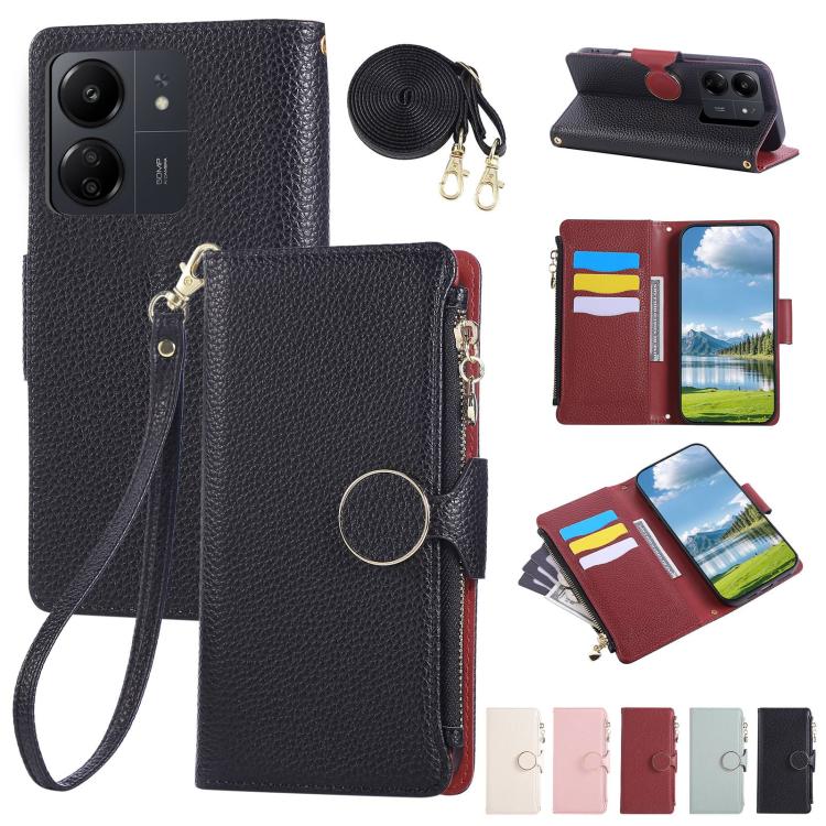 Funda de cuero con hebilla redonda y cremallera para Redmi 13C, con correa cruzada (negra)