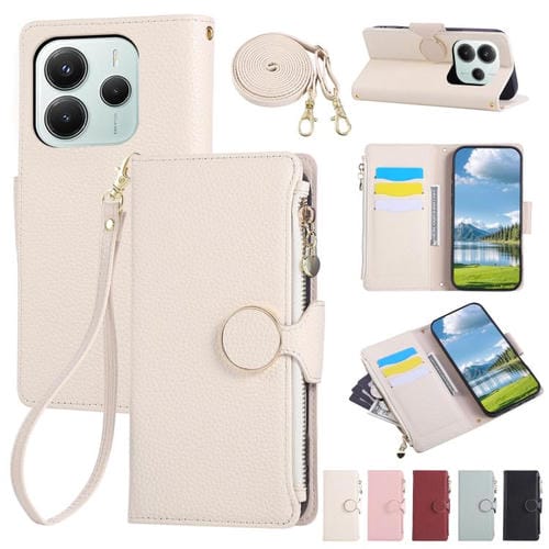 Funda de cuero con hebilla redonda y cremallera para Redmi Note 14 5G, con correa cruzada (blanca)