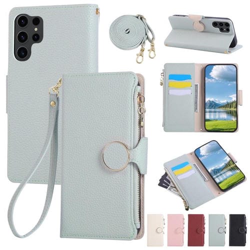 Funda de cuero tipo billetera con hebilla redonda y cremallera para Samsung Galaxy S25 Ultra 5G con correa cruzada (azul cielo)