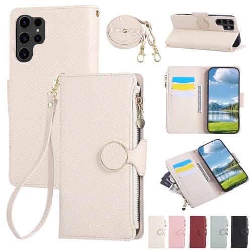 Funda de cuero tipo billetera con hebilla redonda y cremallera para Samsung Galaxy S25 Ultra 5G con correa cruzada (blanca)