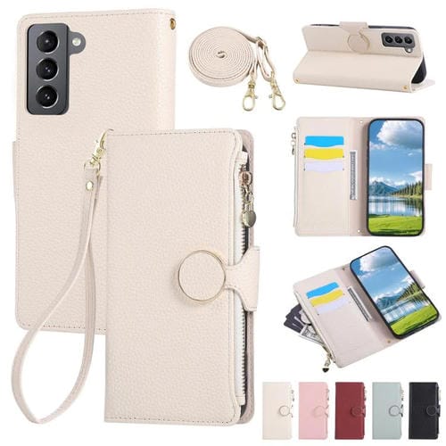 Funda de cuero tipo billetera con hebilla redonda y cremallera para Samsung Galaxy S22+ 5G con correa cruzada (blanca)