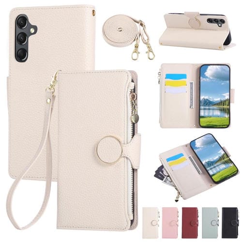 Funda de cuero tipo billetera con hebilla redonda y cremallera para Samsung Galaxy A15 5G con correa cruzada (blanca)