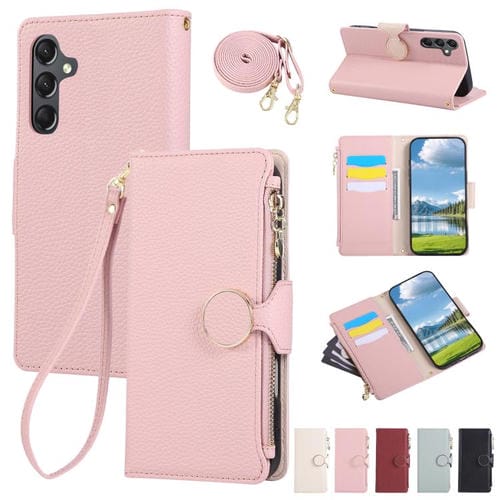 Funda de cuero tipo billetera con hebilla redonda y cremallera para Samsung Galaxy A54 5G con correa cruzada (rosa)