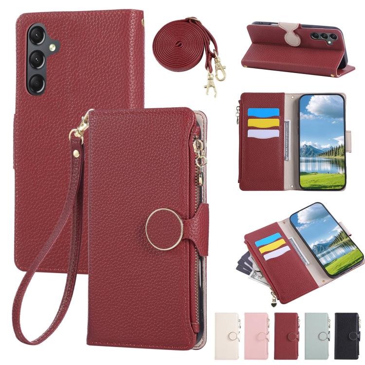 Funda de cuero con hebilla redonda y cremallera para Samsung Galaxy A54 5G, con correa cruzada (roja)