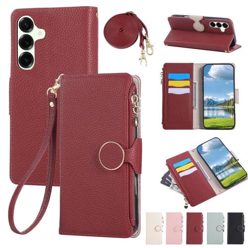 Funda de cuero tipo billetera con hebilla redonda y cremallera para Samsung Galaxy A14 4G/5G con correa cruzada (roja)