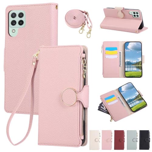 Funda de cuero tipo billetera con hebilla redonda y cremallera para Samsung Galaxy A22 4G con correa cruzada (rosa)
