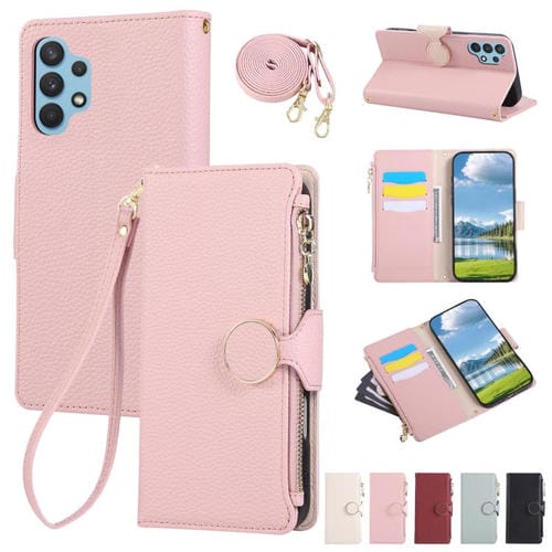 Funda de cuero tipo billetera con hebilla redonda y cremallera para Samsung Galaxy A32 4G con correa cruzada (rosa)