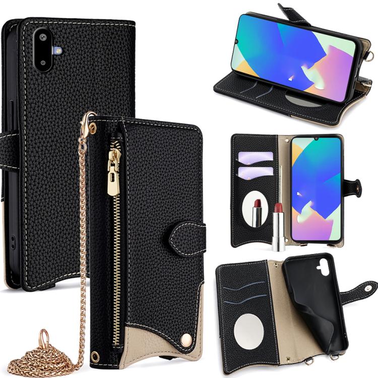 Funda de cuero con cadena cruzada y diseño de cola de pez para Samsung Galaxy F06 5G (negro)