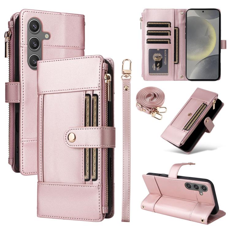 Funda de cuero tipo cartera con cremallera y bloqueo RFID para Samsung Galaxy S24/S25 5G (oro rosa)