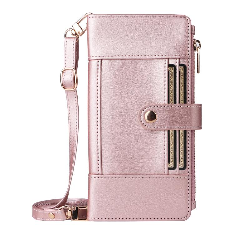 Funda de cuero tipo cartera con cremallera y bloqueo RFID para Samsung Galaxy S24/S25 5G (oro rosa)