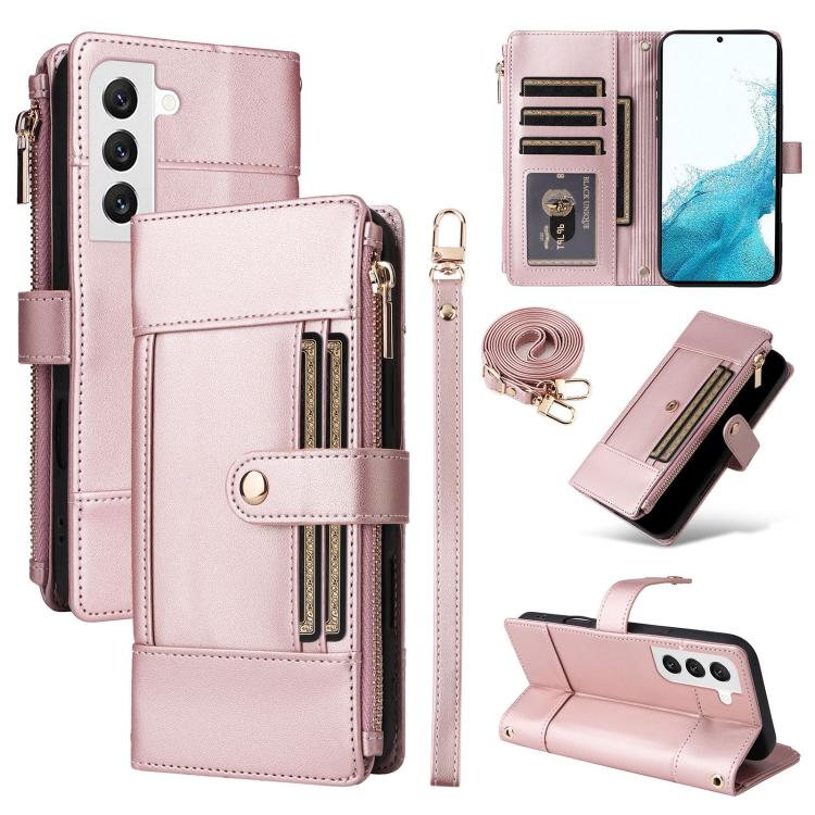 Funda de cuero tipo cartera con cremallera y bloqueo RFID para Samsung Galaxy S22 5G (oro rosa)