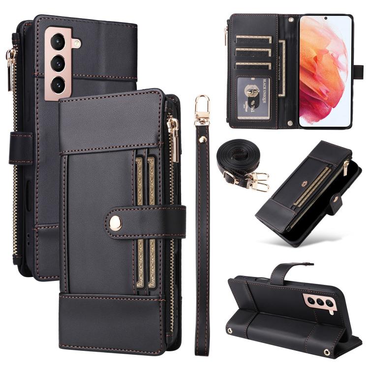 Funda de cuero con cremallera y bloqueo RFID para Samsung Galaxy S21 5G (negro)