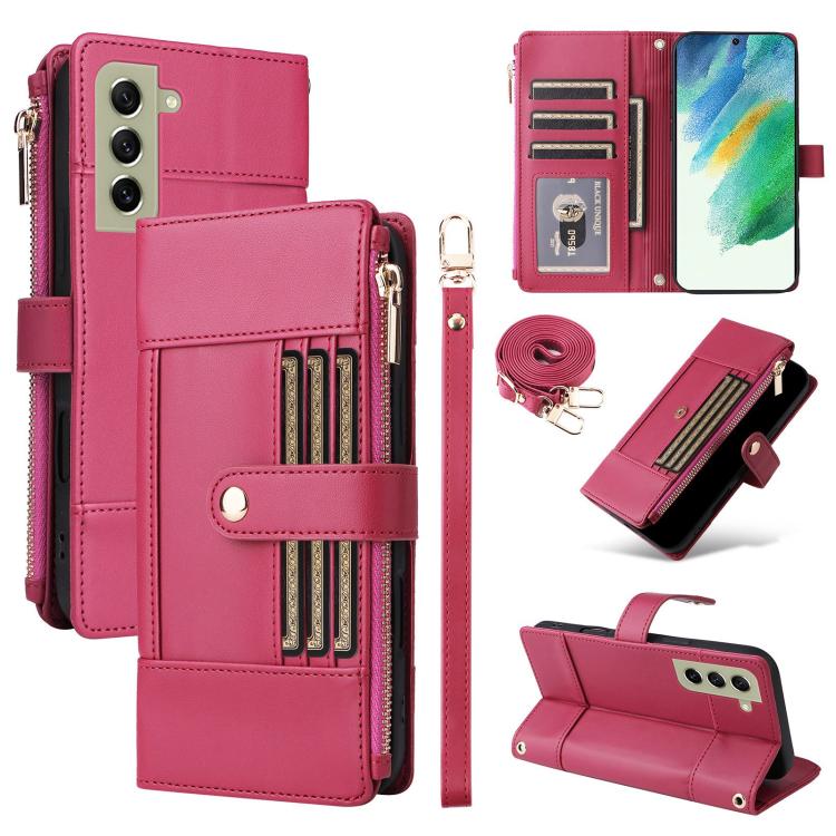 Funda de cuero tipo cartera con cremallera y bloqueo RFID para Samsung Galaxy S21+ 5G (roja)