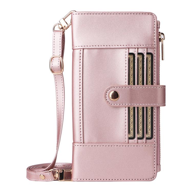 Funda de cuero tipo cartera con cremallera y bloqueo RFID para Samsung Galaxy S23 FE 5G (oro rosa)