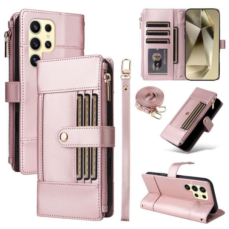 Funda de cuero tipo cartera con cremallera y bloqueo RFID para Samsung Galaxy S23 Ultra 5G (oro rosa)