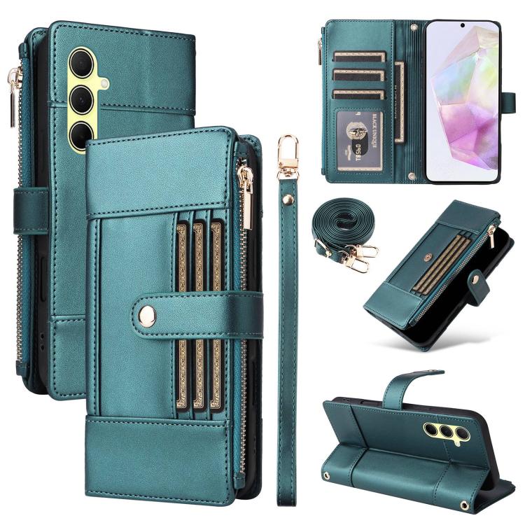 Funda de cuero tipo cartera con cremallera y bloqueo RFID para Samsung Galaxy A35 5G (verde)