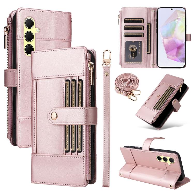 Funda de cuero tipo cartera con cremallera y bloqueo RFID para Samsung Galaxy A55 5G (oro rosa)