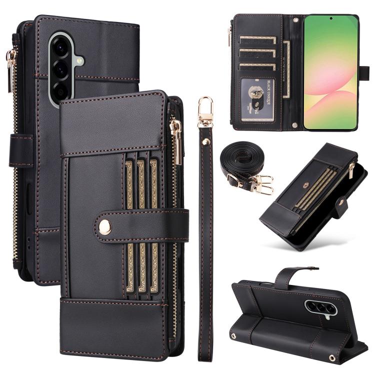Funda de cuero tipo cartera con cremallera y bloqueo RFID para Samsung Galaxy A56 5G (negro)