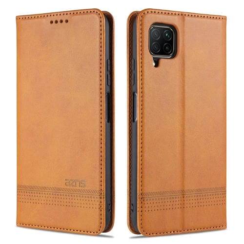 Para Huawei P40 Lite / nova 6 SE AZNS Funda de cuero con tapa magnética con textura de becerro horizontal con ranuras para tarjetas, soporte y billetera (marrón claro)