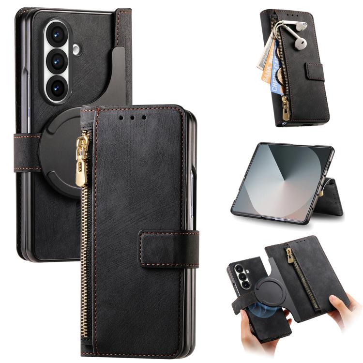 Funda de cuero con cremallera magnética MagSafe retro para Samsung Galaxy Z Fold7 5G (negro)