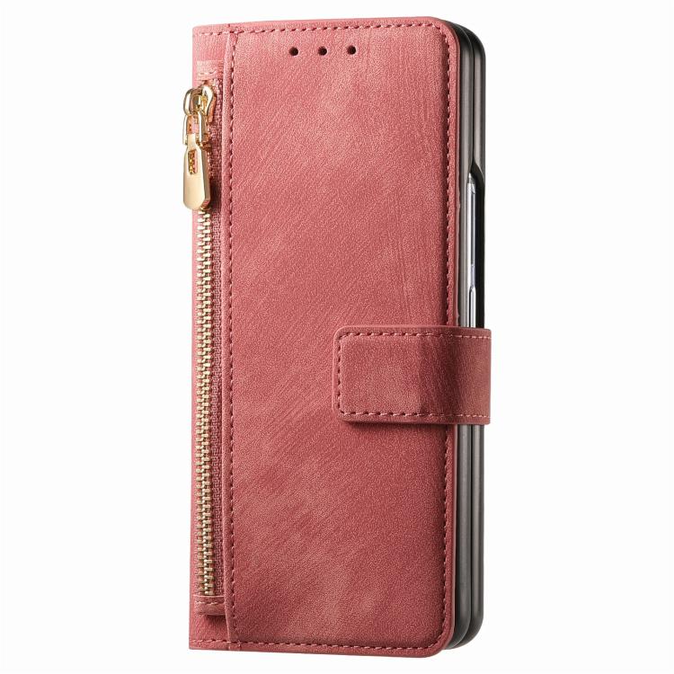 Funda de cuero con cremallera magnética MagSafe retro para Samsung Galaxy Z Fold7 5G (rosa)