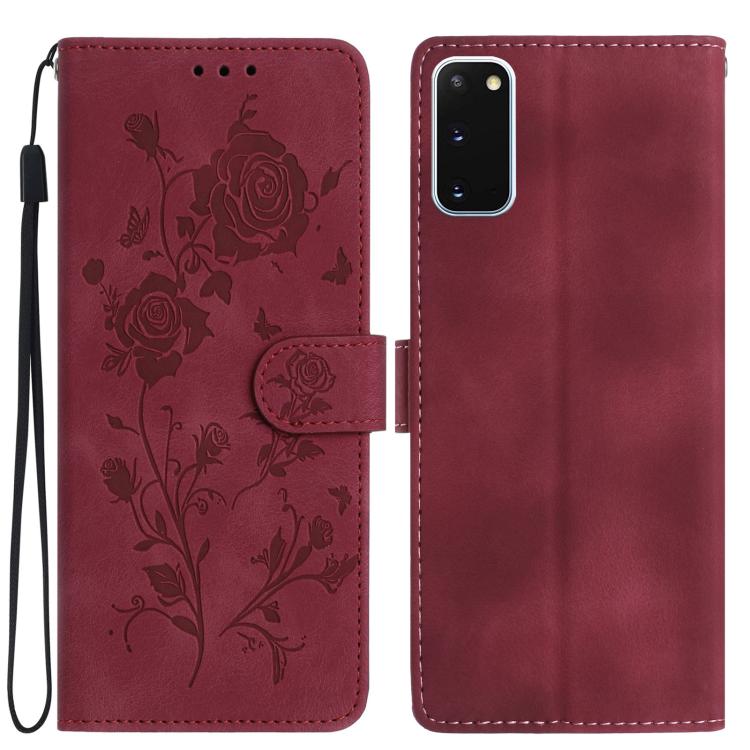 Funda de cuero con estampado floral en relieve para Samsung Galaxy S20 5G (roja)