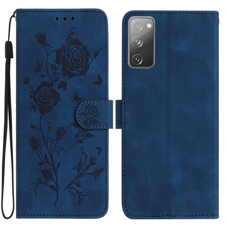 Funda de cuero con estampado floral en relieve para Samsung Galaxy S20 FE 5G (azul oscuro)
