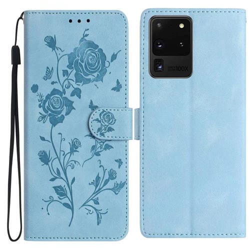 Funda de cuero con estampado floral en relieve para Samsung Galaxy S20 Ultra 5G (azul cielo)