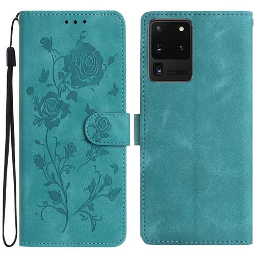 Funda de cuero con estampado floral en relieve para Samsung Galaxy S20 Ultra 5G (verde)