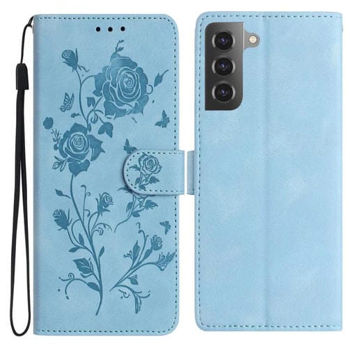 Funda de piel con estampado floral en relieve para Samsung Galaxy S21 5G (azul cielo)