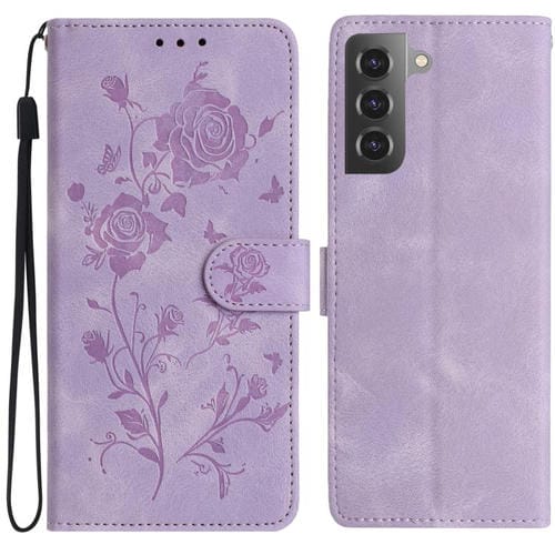 Funda de cuero con estampado de rosas en relieve para Samsung Galaxy S21+ 5G (morado claro)