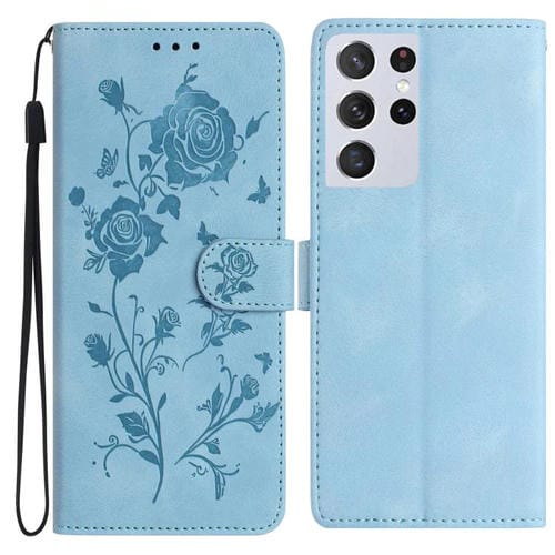 Funda de piel con estampado floral en relieve para Samsung Galaxy S21 Ultra 5G (azul cielo)