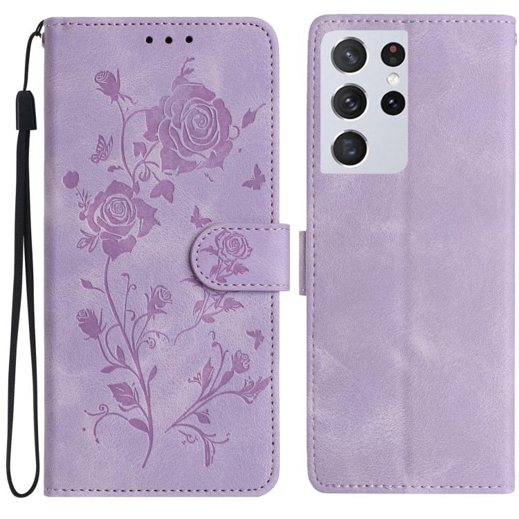 Funda de cuero con estampado floral en relieve para Samsung Galaxy S21 Ultra 5G (morado claro)