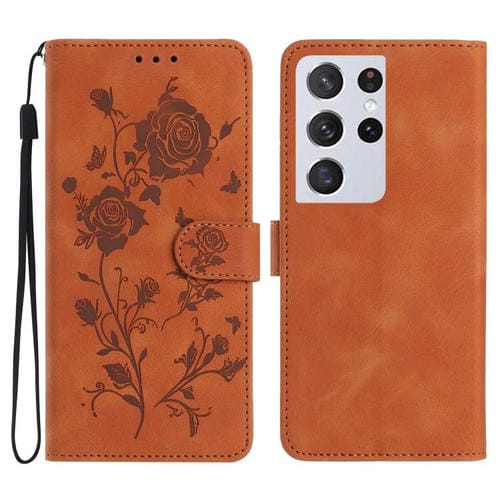 Funda de cuero con estampado de rosas en relieve para Samsung Galaxy S21 Ultra 5G (marrón)