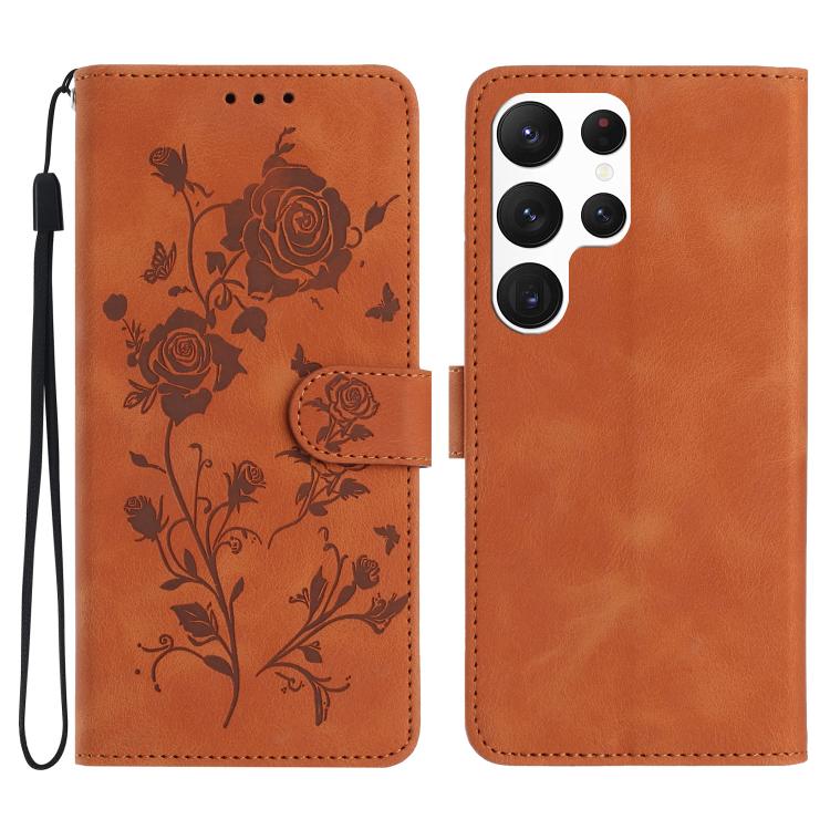 Funda de cuero con estampado de rosas en relieve para Samsung Galaxy S22 Ultra 5G (marrón)
