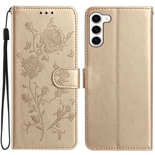Funda de cuero con estampado de rosas en relieve para Samsung Galaxy S23+ 5G (dorada)