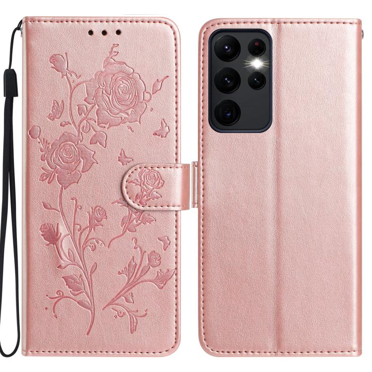 Funda de cuero con estampado floral en relieve para Samsung Galaxy S23 Ultra 5G (oro rosa)
