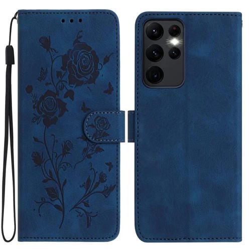 Funda de cuero con estampado floral en relieve para Samsung Galaxy S23 Ultra 5G (azul oscuro)