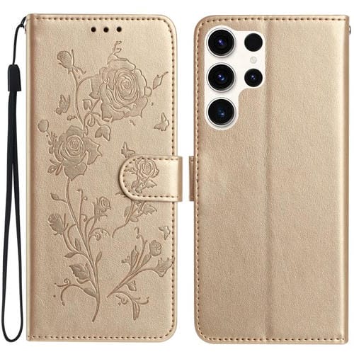 Funda de cuero con estampado de rosas en relieve para Samsung Galaxy S24 Ultra 5G (dorada)