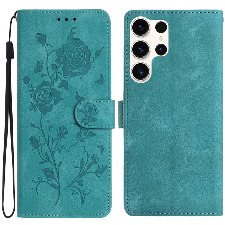 Funda de cuero con estampado de rosas en relieve para Samsung Galaxy S24 Ultra 5G (verde)