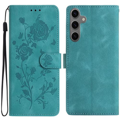 Funda de cuero con estampado de rosas en relieve para Samsung Galaxy S25 5G (verde)