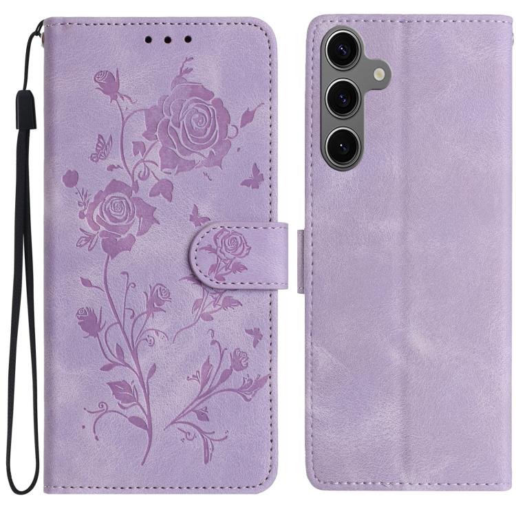 Funda de cuero con estampado de rosas en relieve para Samsung Galaxy S25 5G (morado claro)