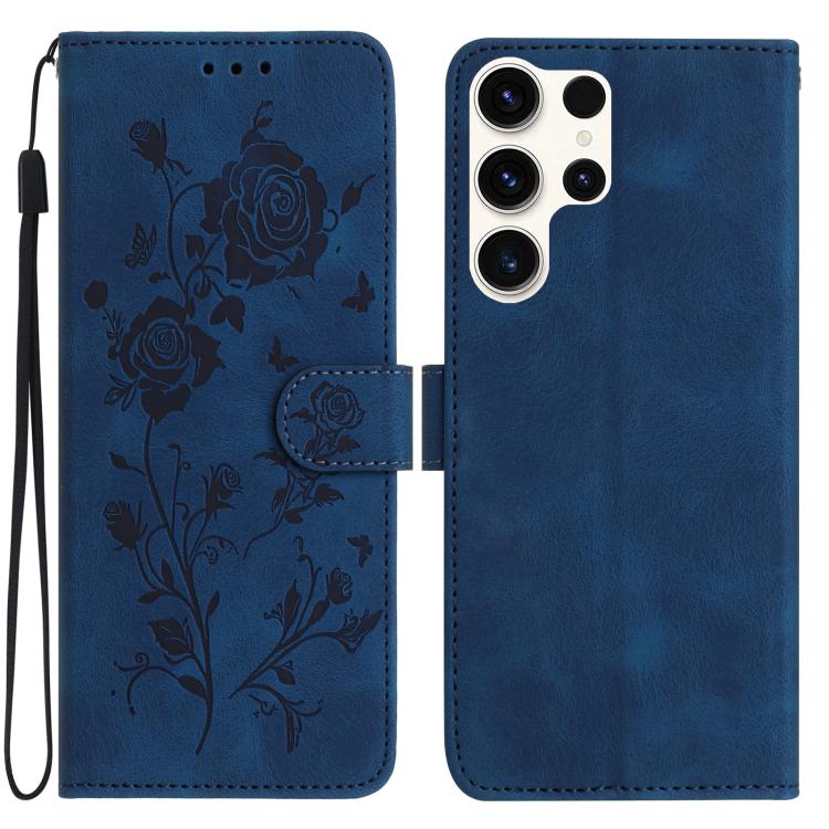 Funda de cuero con estampado floral en relieve para Samsung Galaxy S25 Ultra 5G (azul oscuro)
