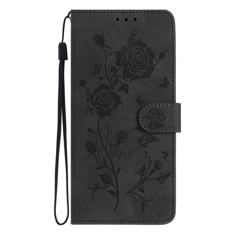 Funda de cuero con estampado de rosas en relieve para Samsung Galaxy M23 (negra)