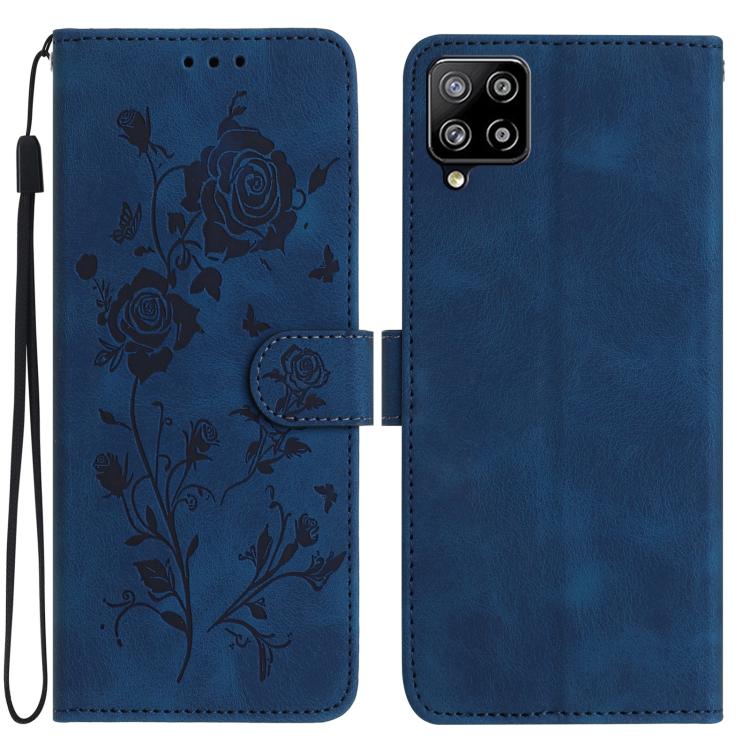 Funda de cuero con estampado floral en relieve para Samsung Galaxy M32 (azul oscuro)