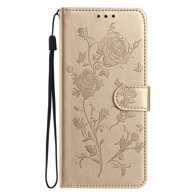 Funda de cuero con estampado de rosas en relieve para Samsung Galaxy F06 (dorada)