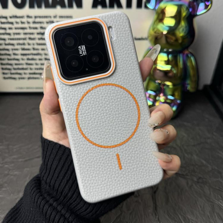 Funda de TPU con diseño de círculo fino MagSafe y textura de lichi para Xiaomi 15 Pro (gris y naranja)
