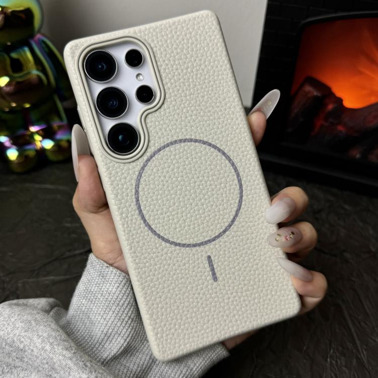 Funda de TPU con textura de lichi MagSafe para Samsung Galaxy S22+ 5G (blanco y gris)